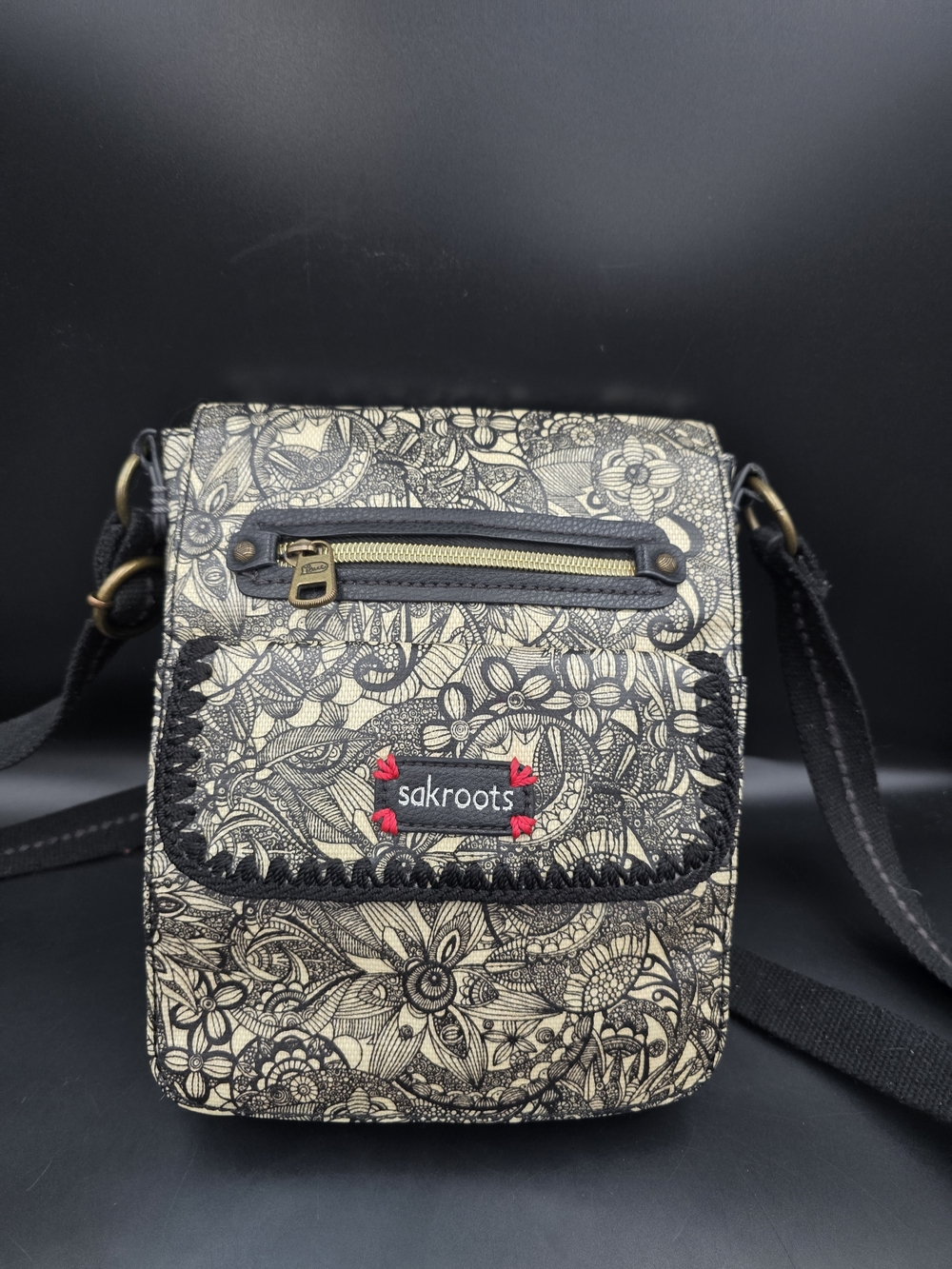 Sakroots Black & Cream Floral Crossbody Bag